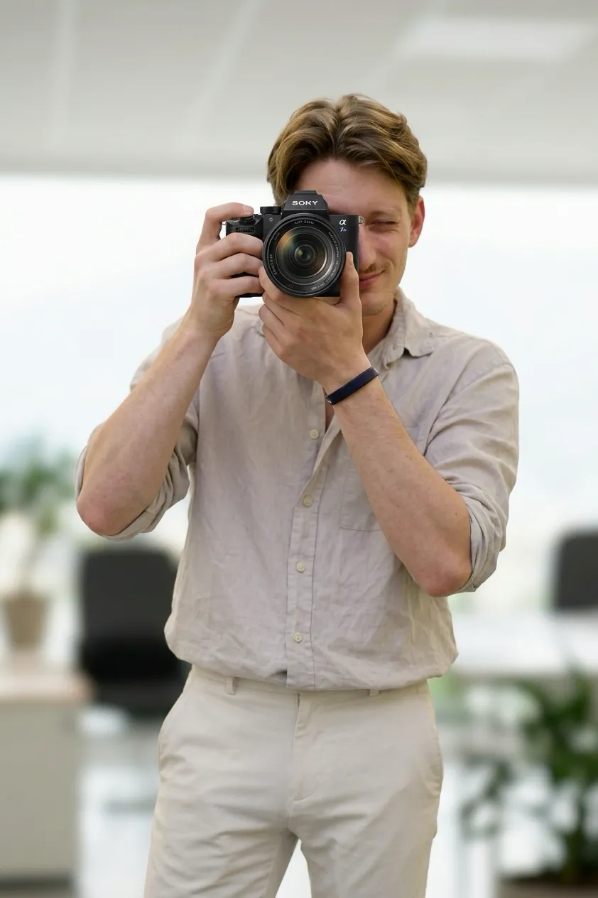 Fotograaf met een camera voor zijn gezicht in een kantoor